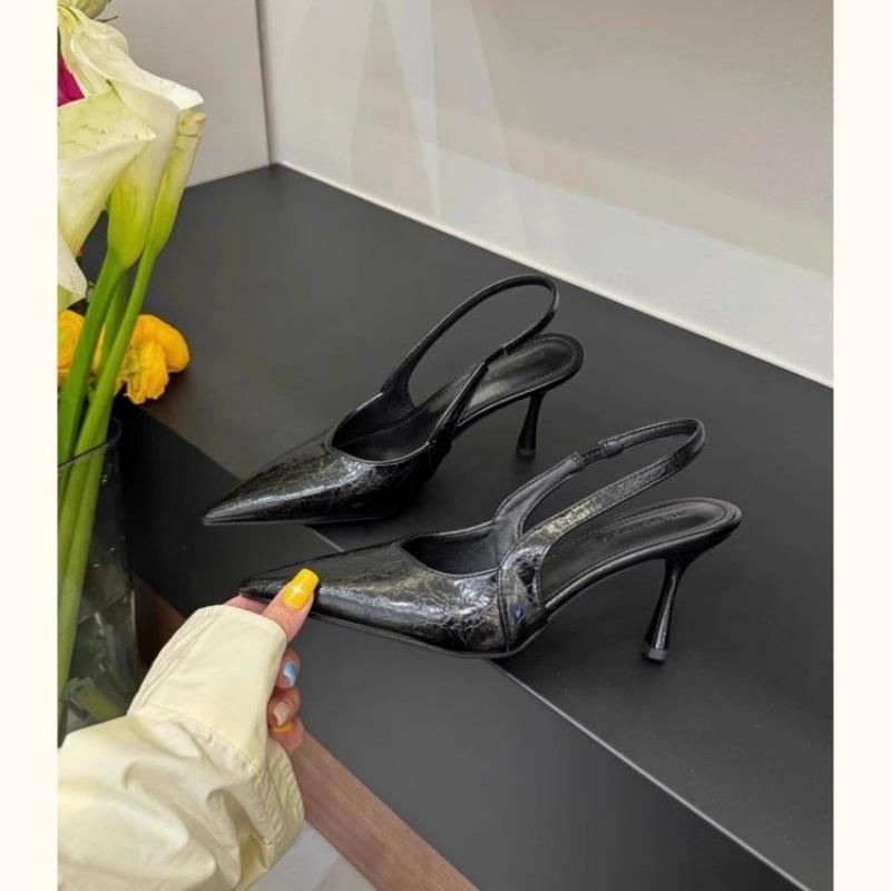 Fashion New Style Elegant High Heels Silver Pumps Women Summer Slingbacks Pointed Toe Party Shoes Woman Solid Thin Heeled Sandals Ladies