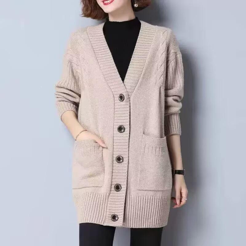 Women's Mid-Length Knitted Cardigan - Stylish Plus Size Loose Sweater for Autumn/Winter