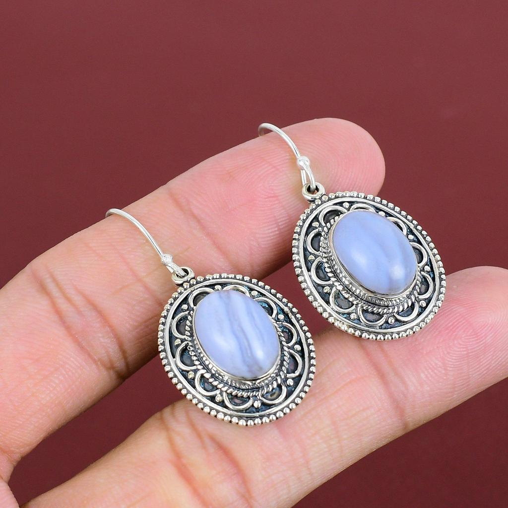 Blue Lace Agate Earrings Original Gemstone Earring Handmade Decent Jewelry 925 Sterling Silver Earrings Vintage Design Earring Gifts For Her