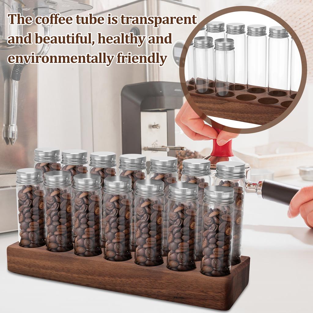 7/14Pcs Coffee Bean Storage Tubes with Walnut Wood Display Stand Portable Single Dose Coffee Bean Container Sealed Coffee Bean