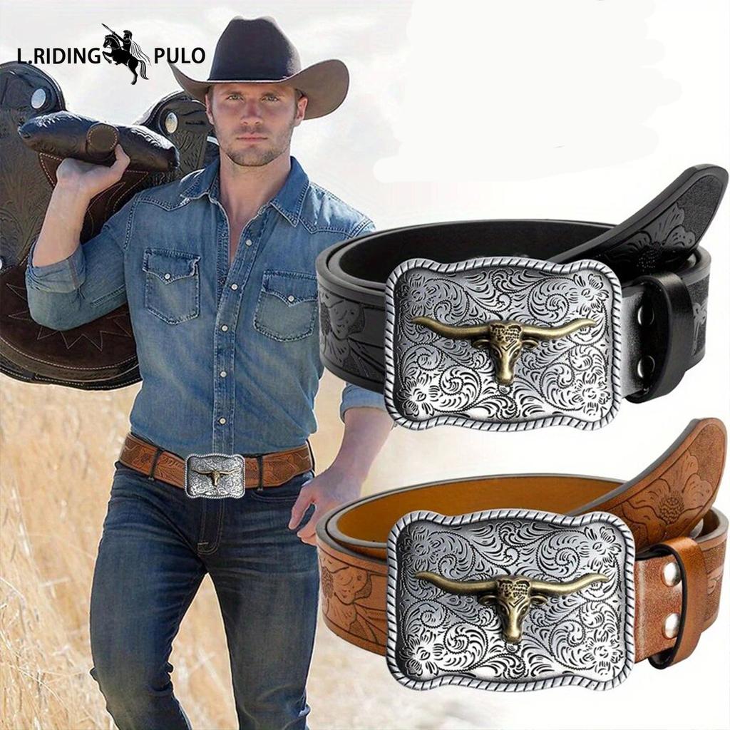 Pánský westernový kovbojský pásek s přezkou s býčí hlavou, retro embosovaný kožený pásek, trend