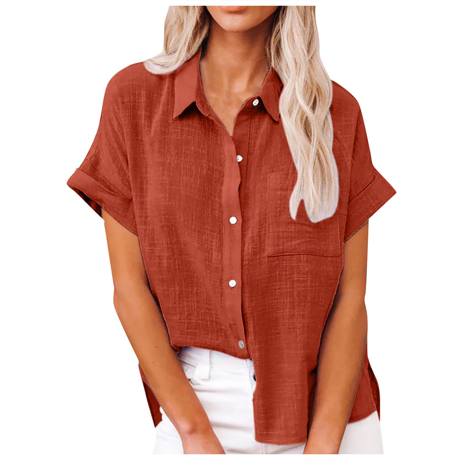 Женская повседневная модная хлопково-льняная рубашка с короткими рукавами и лацканами — фото 3