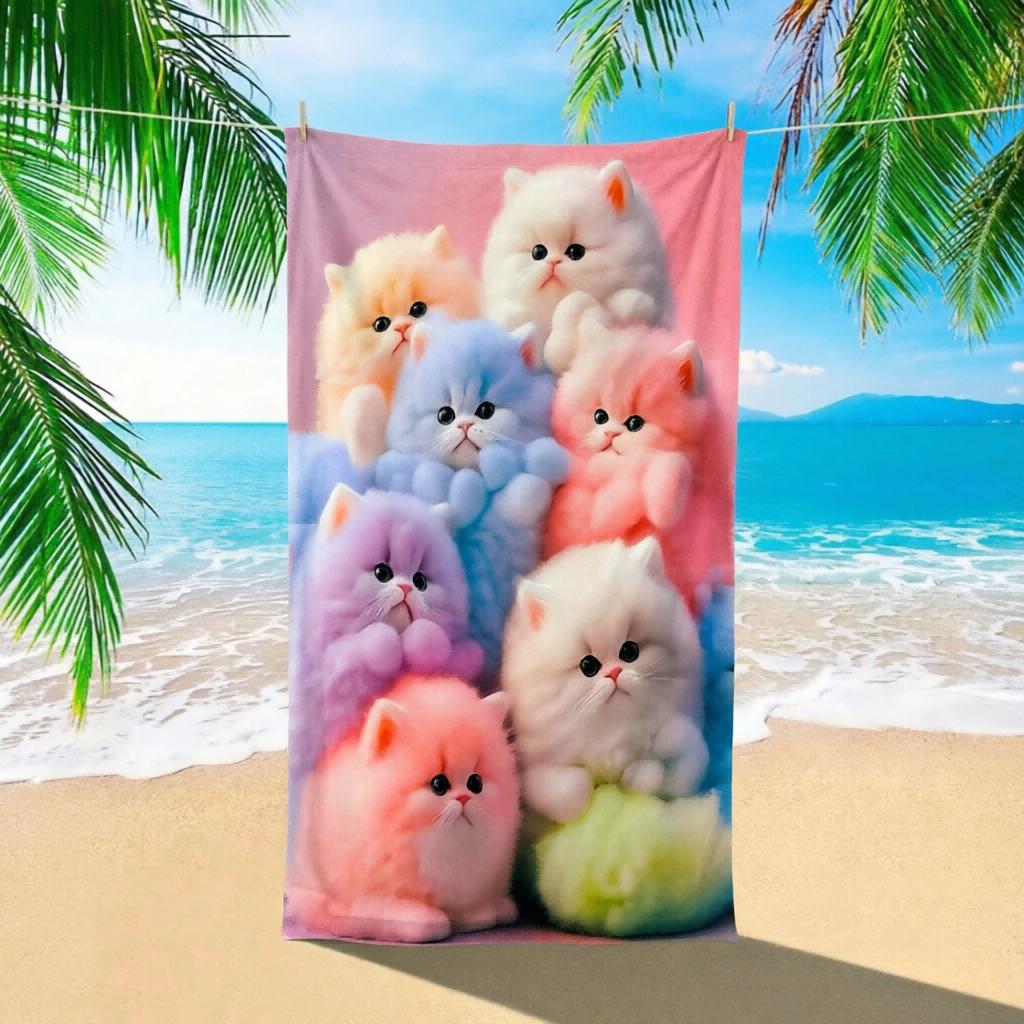 

1 Pc Dreamy Colorful Cat Print Beach Towel, Absorbent Quick-Dry Lightweight, Summer Essential Multi-Scene Use W30*H60(CM)