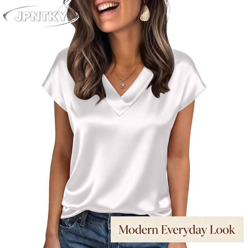 Blusas y Camisas Casuales de Moda para Mujer JPNTKY de Manga Corta con Cuello en V