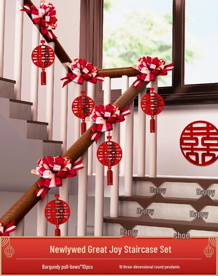 Online Celebrity Wedding Stair Railing Décor Set: Groom's Ceremony Ribbons, Bows, and Pull Flowers