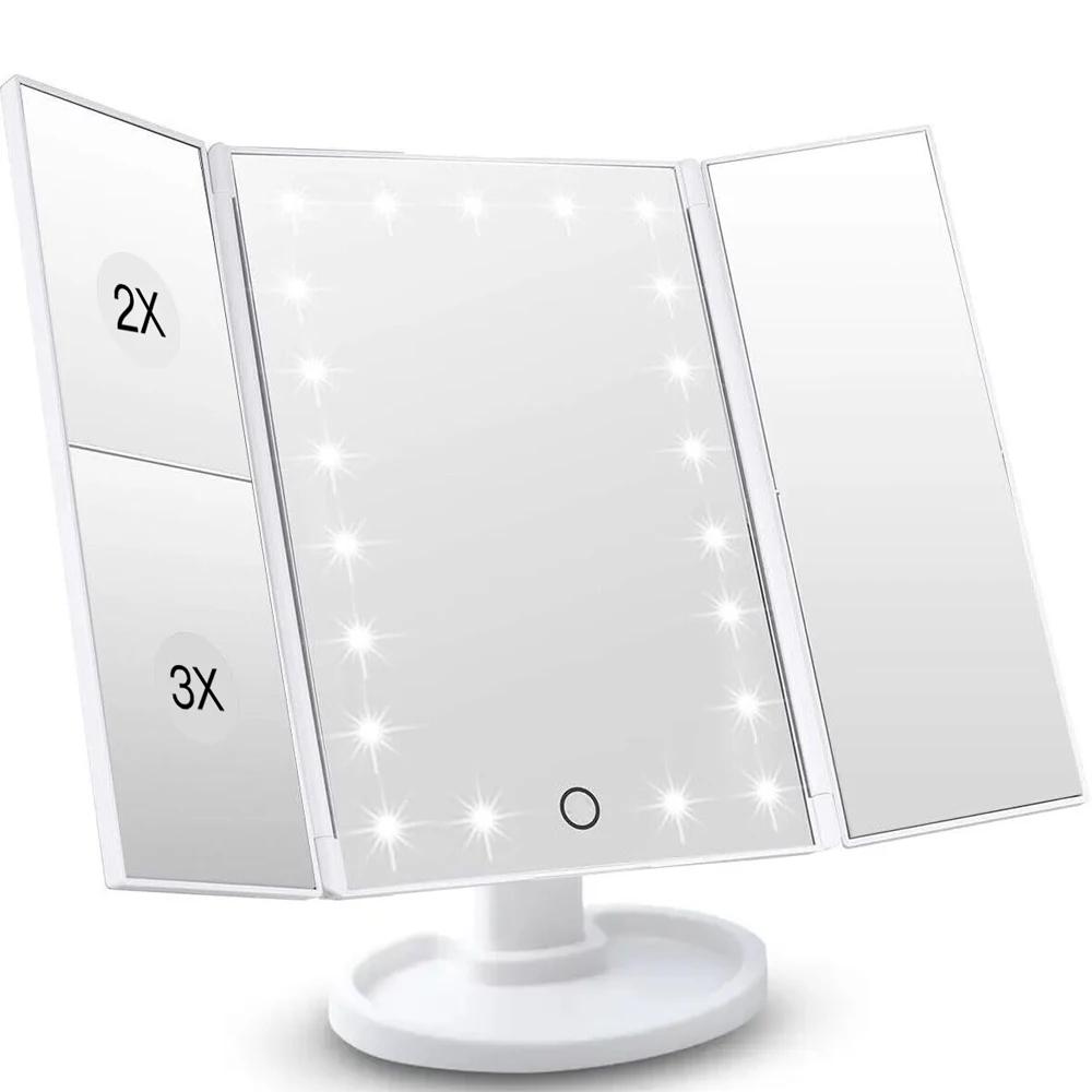 LED Vanity Makeup Mirror with Touch Control, Adjustable Lighting 1X, 2X, 3X Magnification, Trifold Design Ideal Gift for Women