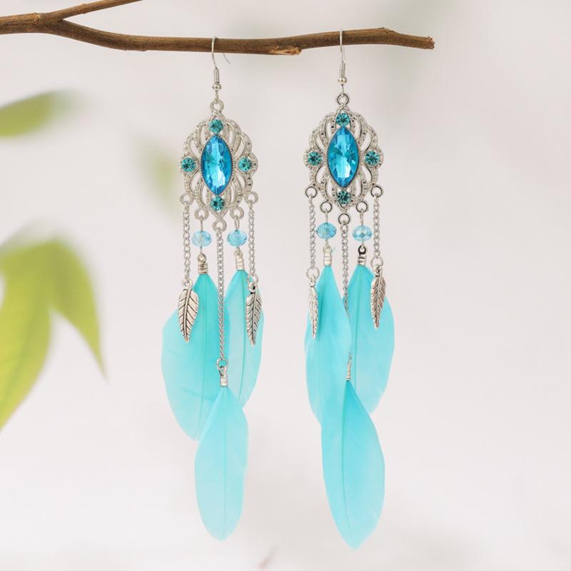Fashion Temperament Bohemian Feather Earrings for Women Long Crystal Leaf Vintage Earring Female Wedding Party Jewelry
