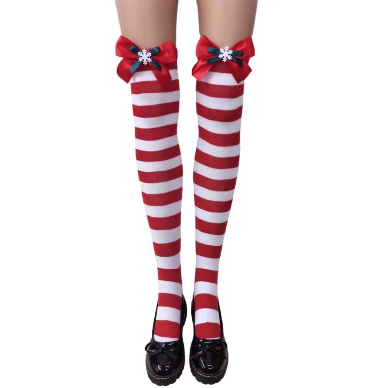 Festival-Schleifenakzent Gestreifte Lange Socken für Damen Weihnachtsfeiern Cosplay Oberschenkelhoch Über dem Knie Strümpfe Strumpfwaren