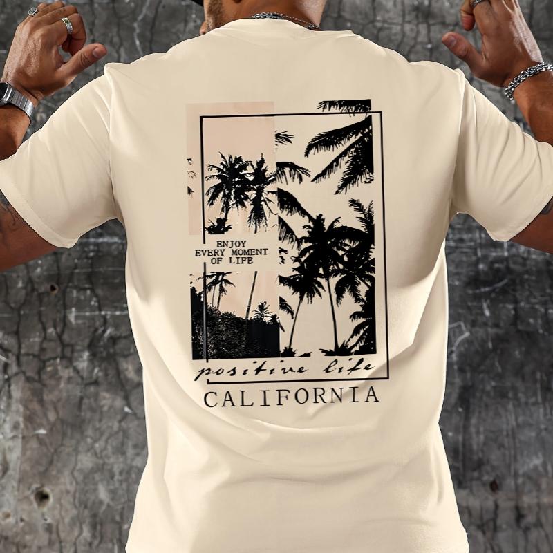 Men's Summer 100 Cotton Fashionable Casual Loose Fit Plus Palm Tree Pattern Printed Vacation Round Neck Short Sleeved T-shirt