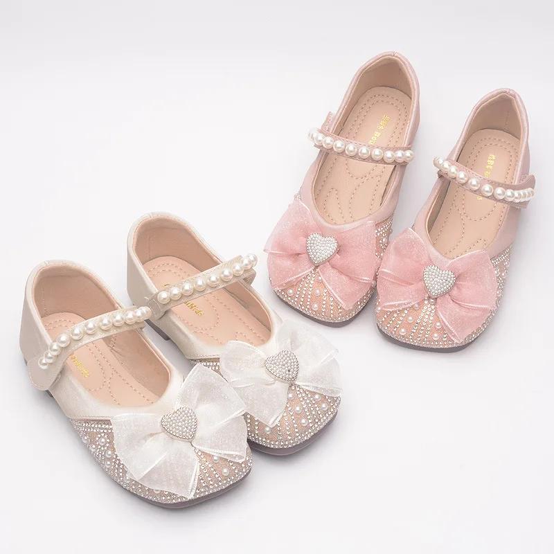 2024 Children Princess Shoes Pearl Bow Casual Party Wedding Shoes Kids Shallow Leather Shoes Fashion Girls Dance Single Shoes