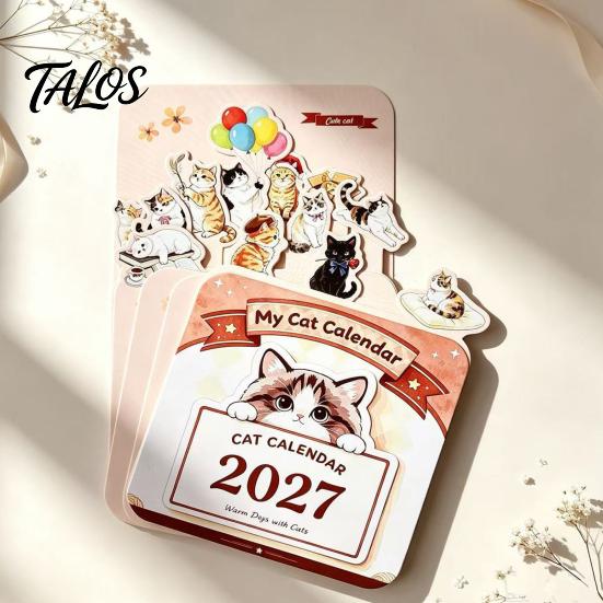 Floral And Cat Theme Calendar 2027 Flower Desk Calendar, English Tabletop with Wooden Base, Monthly Planner For & Decorative for Office Home