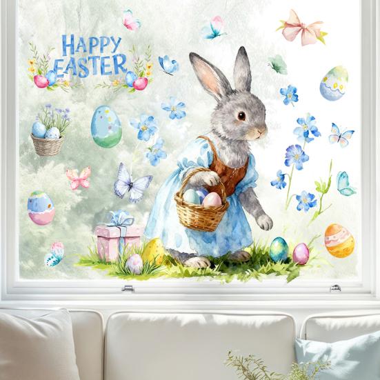 Påskfönsterdekal Söt Kanin Vildblommor Ägg Fjäril Klistermärke Återanvändbar Dubbelsidig Statisk Fönsterklistermärken för Glasdörrar Väggar Barnrum Vår