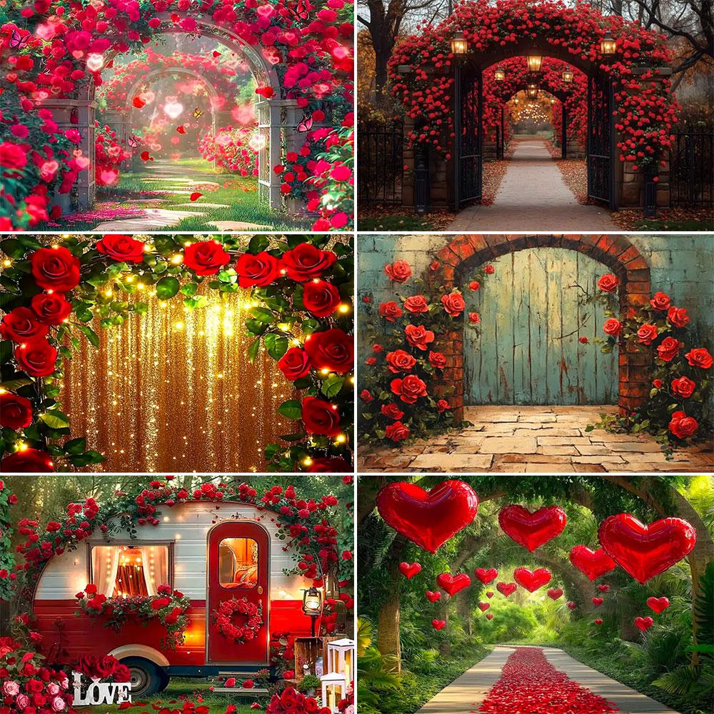 February 14 Valentine's Day Backdrop Romantic Valentine Scenes Red Love Heart Floral Wedding Portrait Photography Background