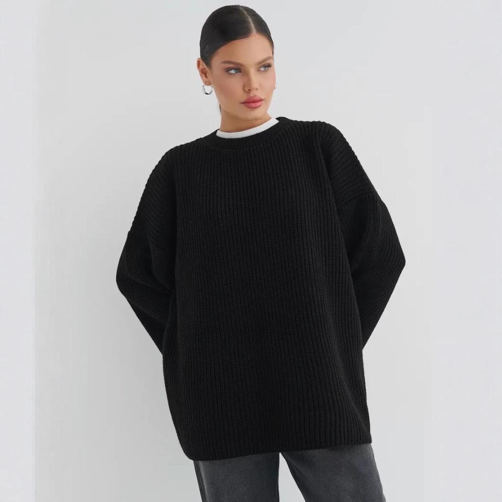 2025 European American Plus Size Grey Knit Sweater - Solid Color, Round Neck Loose Fit for Autumn/Winter