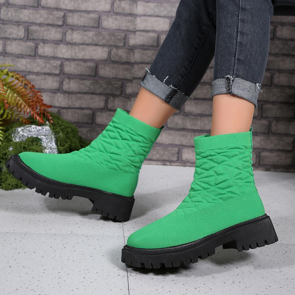 2025 Foreign Trade New Fly-woven Socks Boots Large Size Thick-soled Thick Heel Solid Color European and American Casual Outer Wear Medium Tube M