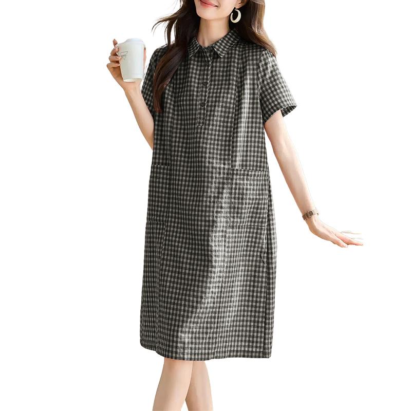 ZANZEA Women Turn Down Collar Casual Short Sleeve Grid Print Dress