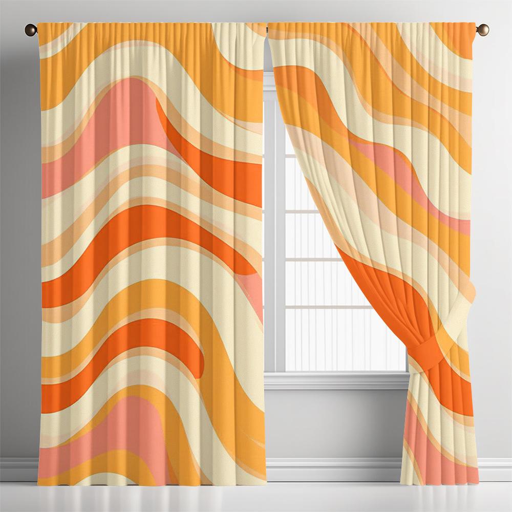 Colorful Wave Curtains Set of 2 – Abstract Rainbow Swirls, Rod Pocket Semi-Sheer Drapes for Kitchen & Living Room