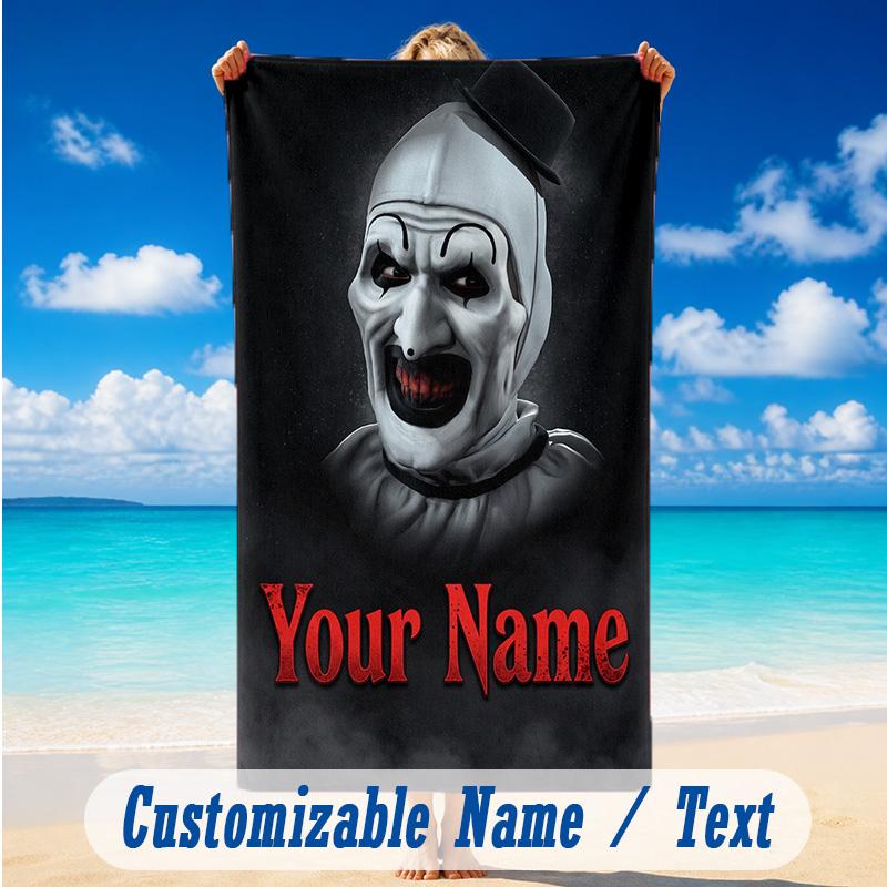 Beach Towel Custom Name Text, Quick Dry Large Towel For Beach HomeTerrifier Art the Clown