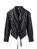2026 Autumn Women's Elegant Faux Leather Belted Lapel Jacket