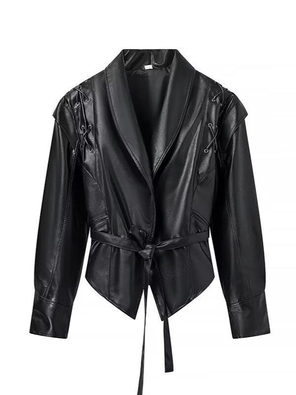 2026 Autumn Women's Elegant Faux Leather Belted Lapel Jacket