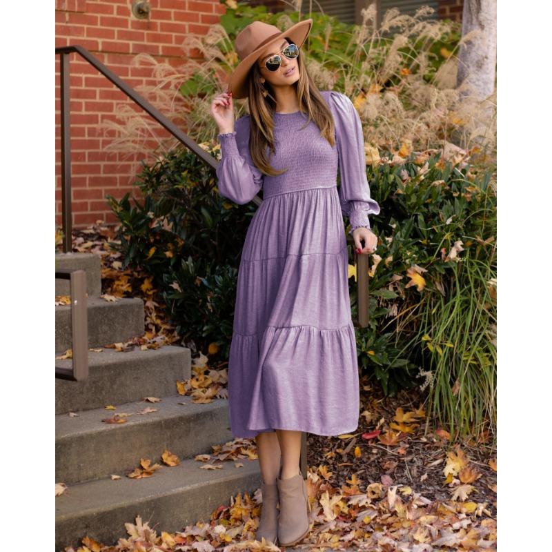 

Осенние женские элегантные ретро французские повседневные платья с круглым вырезом и высокой талией XL фиолетовый
