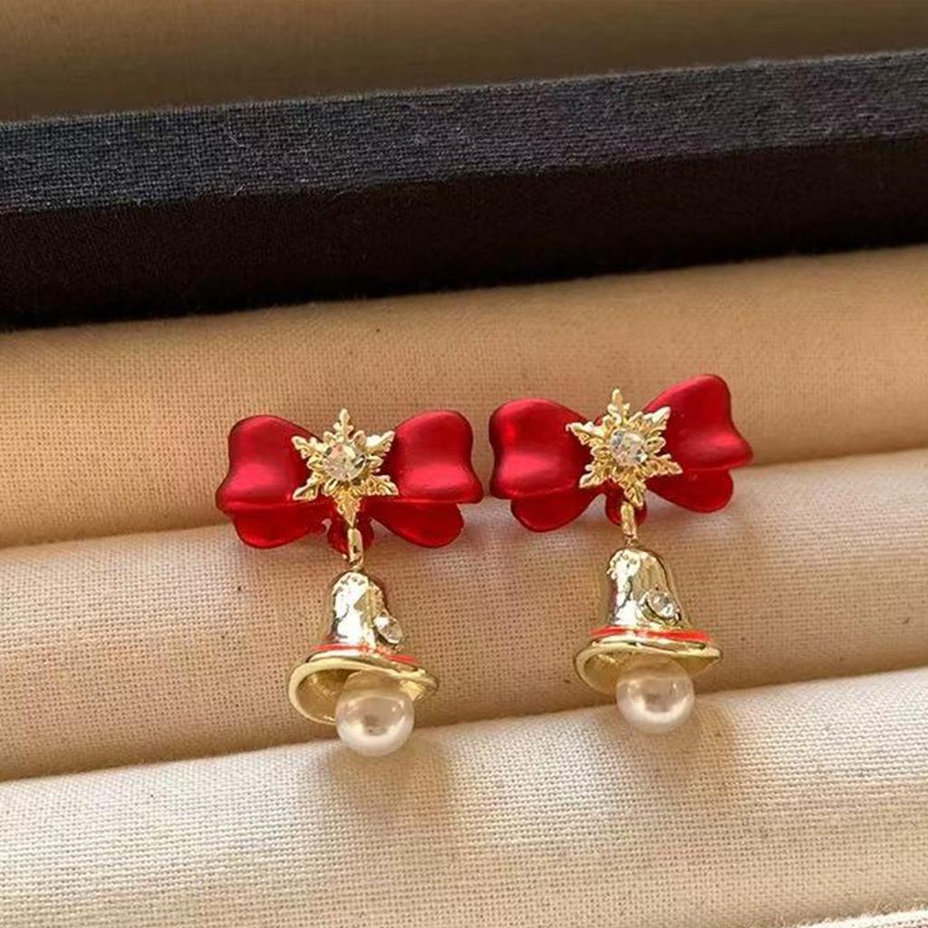Elegant Christmas Red Bow and Snowflake Stud Earrings for Women