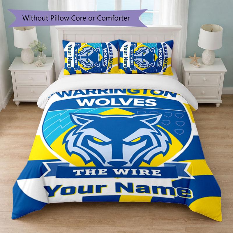 Warrington Wolves FC Custom Name Text Bedding Set 1 Duvet Cover+2 Pillowcases Soccer Logo Personalized Gift For Special Occasion Bedroom Decor