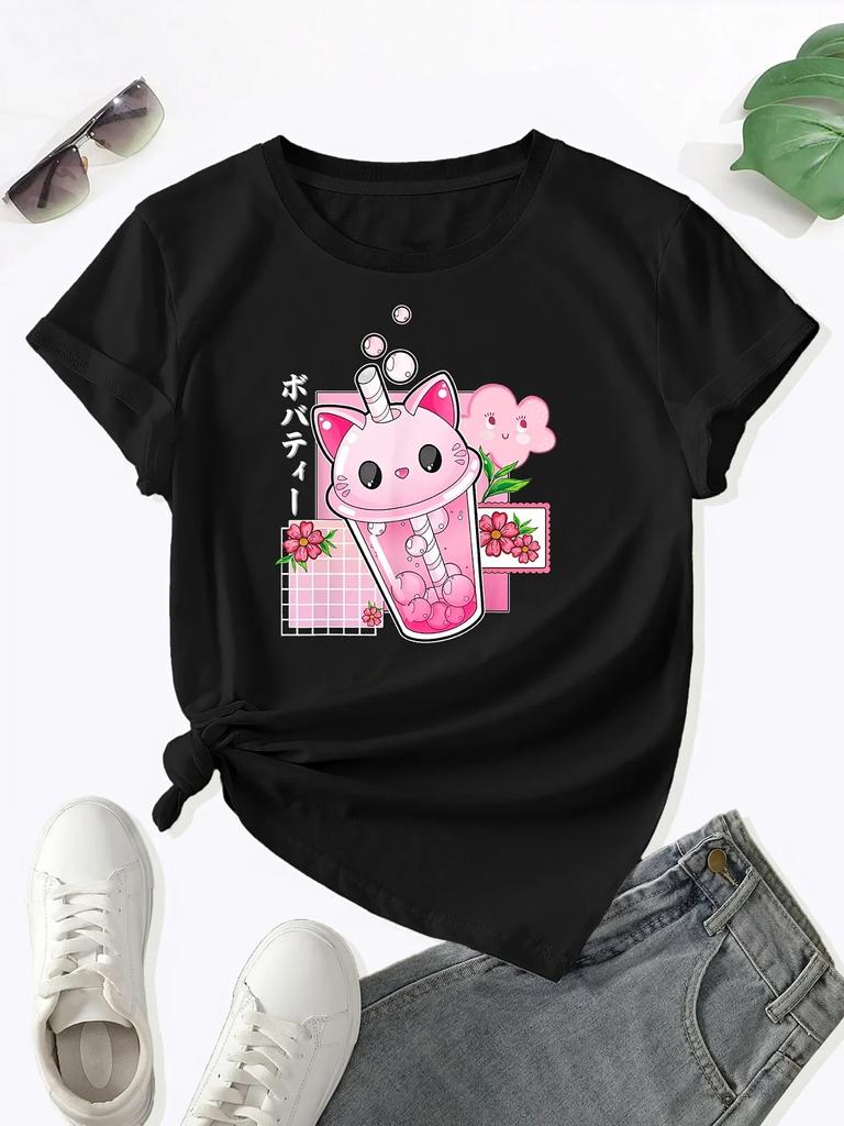 Boba Tea Cat Bubble Print Tshirt Cute Round Neck Short Sleeve Tshirt Spring and Summer Womens Clothing Vintage Graphic Y2K