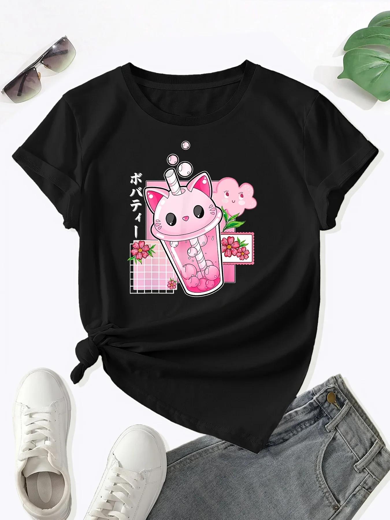 

Boba Tea Cat Bubble Print Tshirt Cute Round Neck Short Sleeve Tshirt Spring and Summer Womens Clothing Vintage Graphic Y2K S