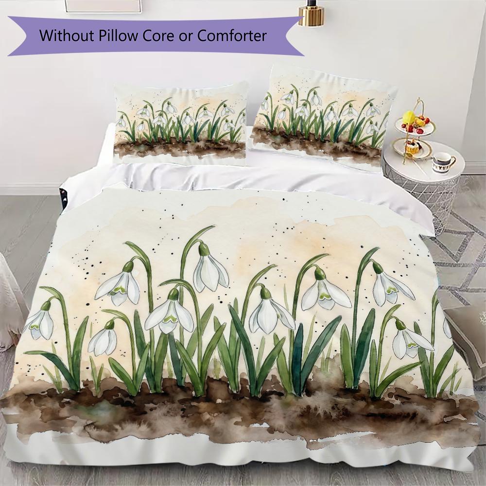 White Snowdrop Floral Pattern Bedding uilt Set uilt Cover Pillowcase Home Decoration Birthday Gift (1 * duvet cover + 2 * pillowcase without core)