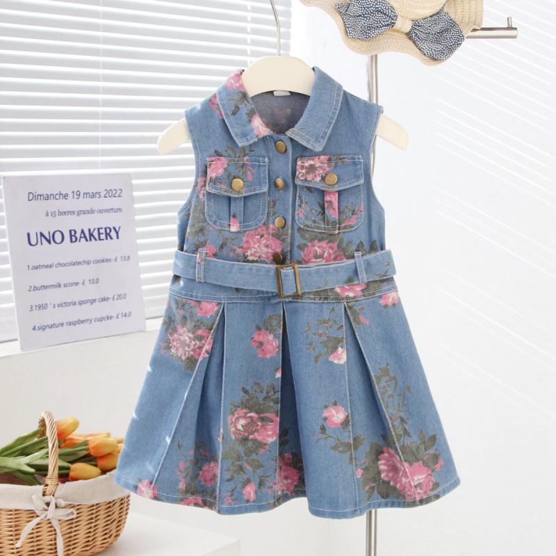 Girls Sleeveless Denim Dress 2026 Summer Style Floral Print Denim Dress Slim Waist Turn-down Collar Thin Tank Dress Trendy 90cm