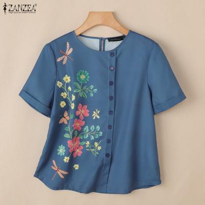 Women Casual Floral Print Round Neck Short Sleeve Blouse