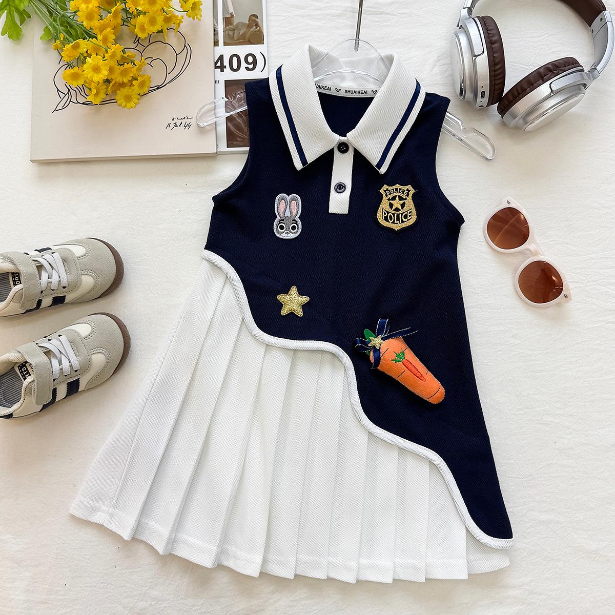 2026 Girls Trendy Contrast Patchwork Sleeveless Dress with Rabbit Design - New Fashionable Summer Princess Style 130 cm