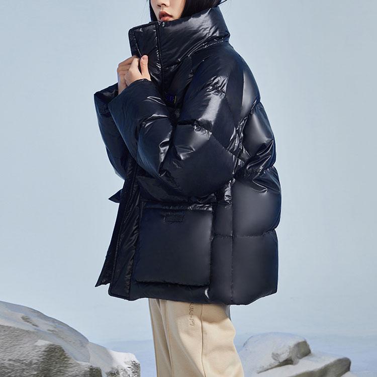 Li Ning Training Series Solid Color Shiny Stand Collar Warm Bread Down Jacket Women Outerwear Black AYMR372-2