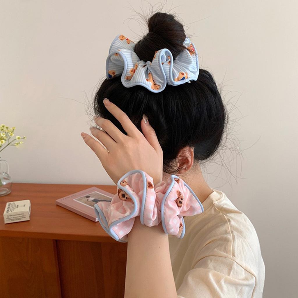 Bear Pattern Scrunchie Hair Tie Cute Korean Style Hair Accessories for Women Girls Ponytail Holder Soft Elastic Hairband