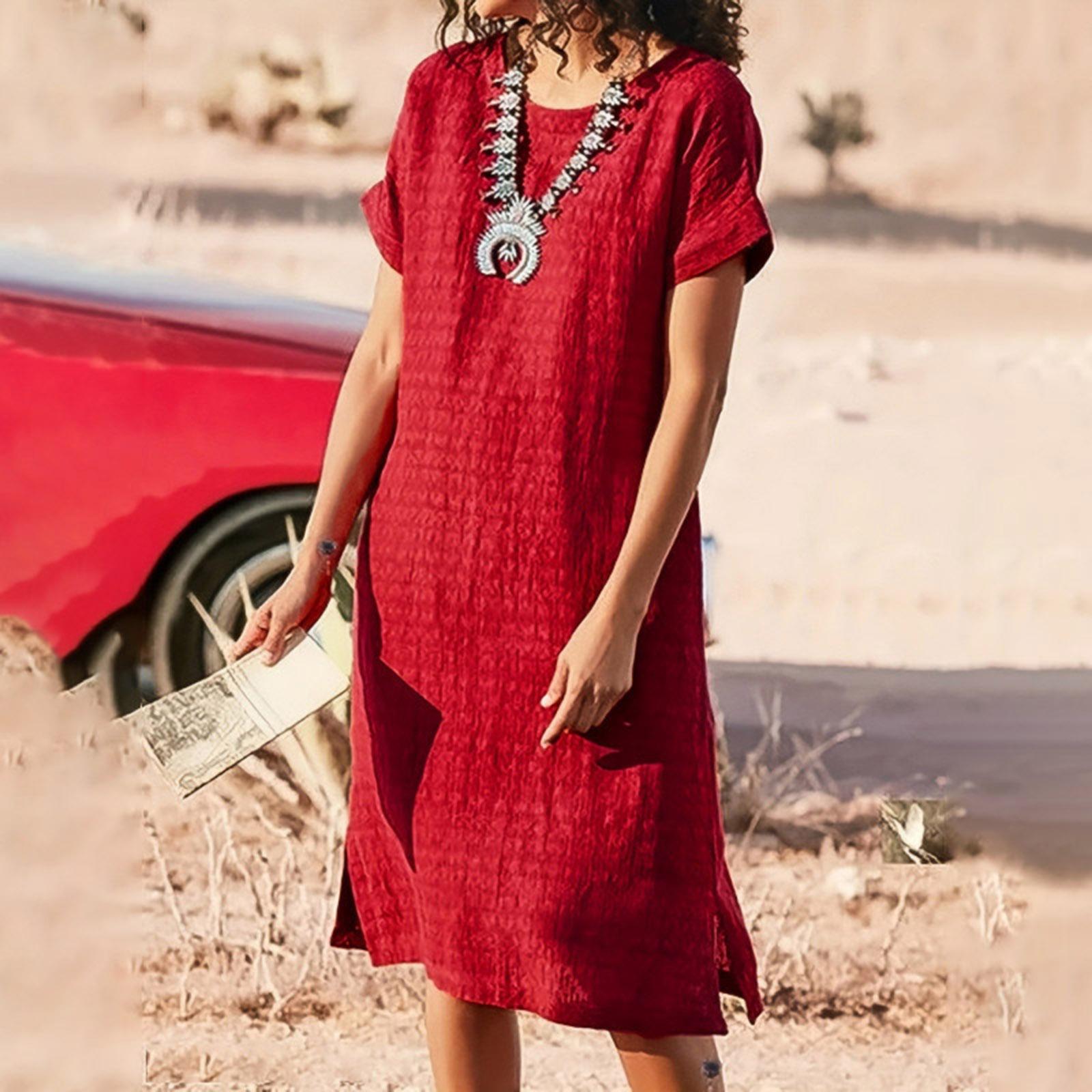 

Women’s Short Sleeve Loose Fit Linen Dress with Crew Neck and Side Split Casual Summer Style for Everyday Wear XL червоний