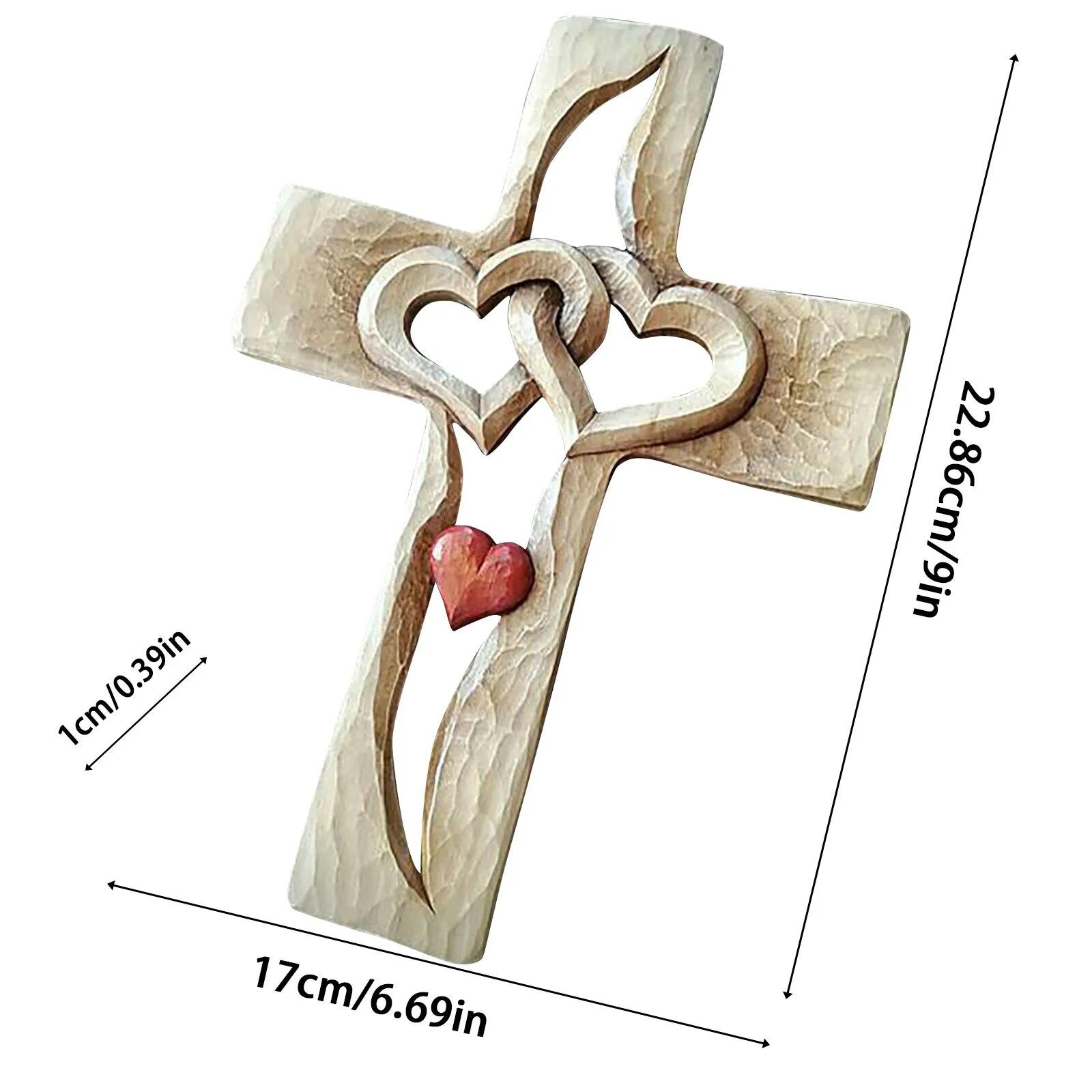 Décoration Murale En Bois Sculpté à La Main - Cœurs Entrelacés Avec Croix - 23x17 Cm - Art Religieux Vintage