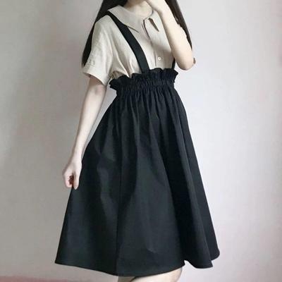 Japanese Sweet College Suit: Short-Sleeved Shirt + High-Waisted Suspender Skirt Set