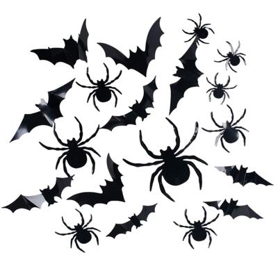 24 ks Halloweenských 3D samolepek netopýrů a pavouků Strašidelné černé pavoučí a netopýří nástěnné samolepky Odnímatelné PVC přísavky pro domácí, kancelářskou, nástěnnou a okenní dekoraci