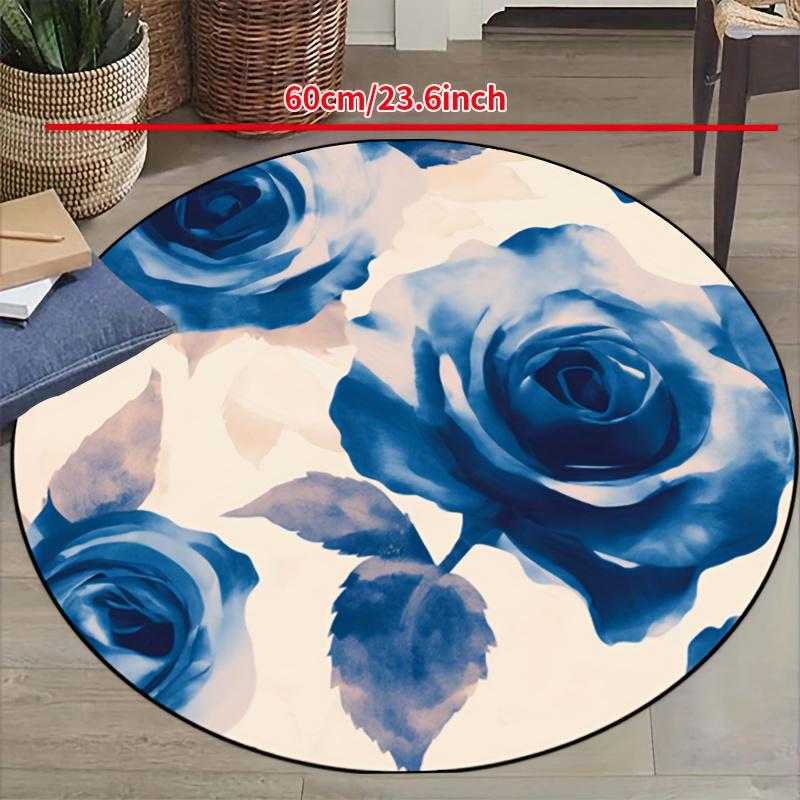 Luxury  Blue Rose Pattern Round Shape Floor Mats Kitchen Hallway Runner Rug Bedroom Living Room Soft Carpet Non-slip Area Rug
