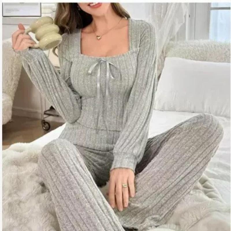 Dames Pyjamaset met Lange Mouwen en Lange Broek, Geborstelde Ribstof, Comfortabele Huispyjama