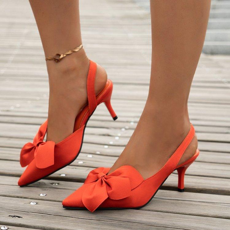 Women New Pointed Toe Light Mouth Orange Shoes Bow Fashion Sexy Solid Color Banquet High Heels Decoration