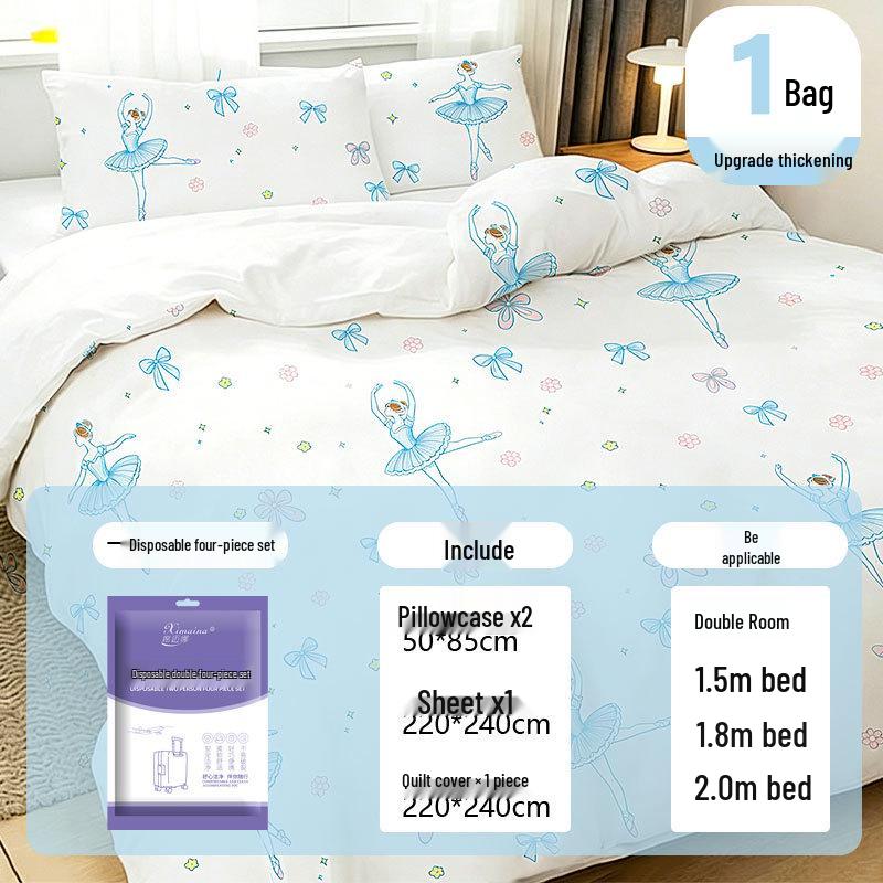 Purple Disposable 4-Piece Non-Woven Bedding Set: Bed Sheet & Duvet Cover for Hotel or Travel. Ideal for Comfortable, Naked Sleeping.