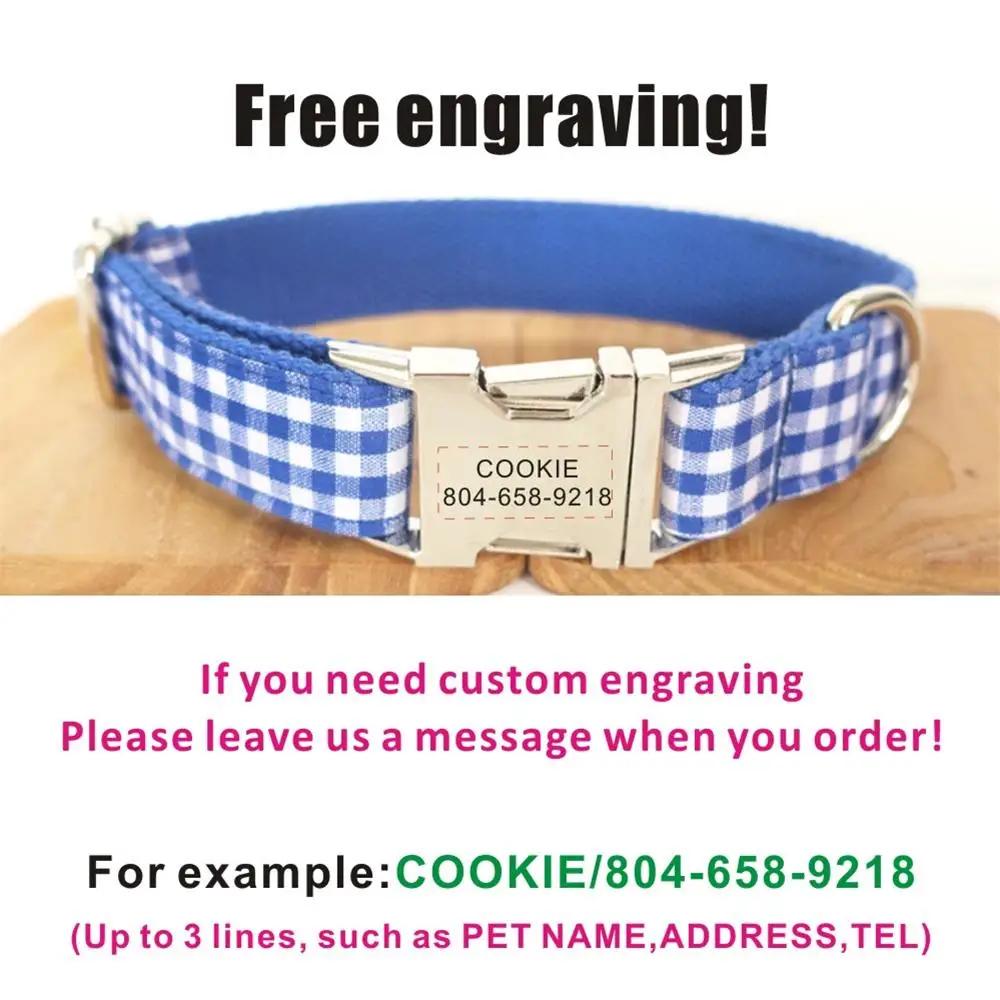 Personalized Dog Collar Customized Engraving Pet Collars ID Nameplate Tag Pet Accessory Blue White Plaid Puppy Collars Leash