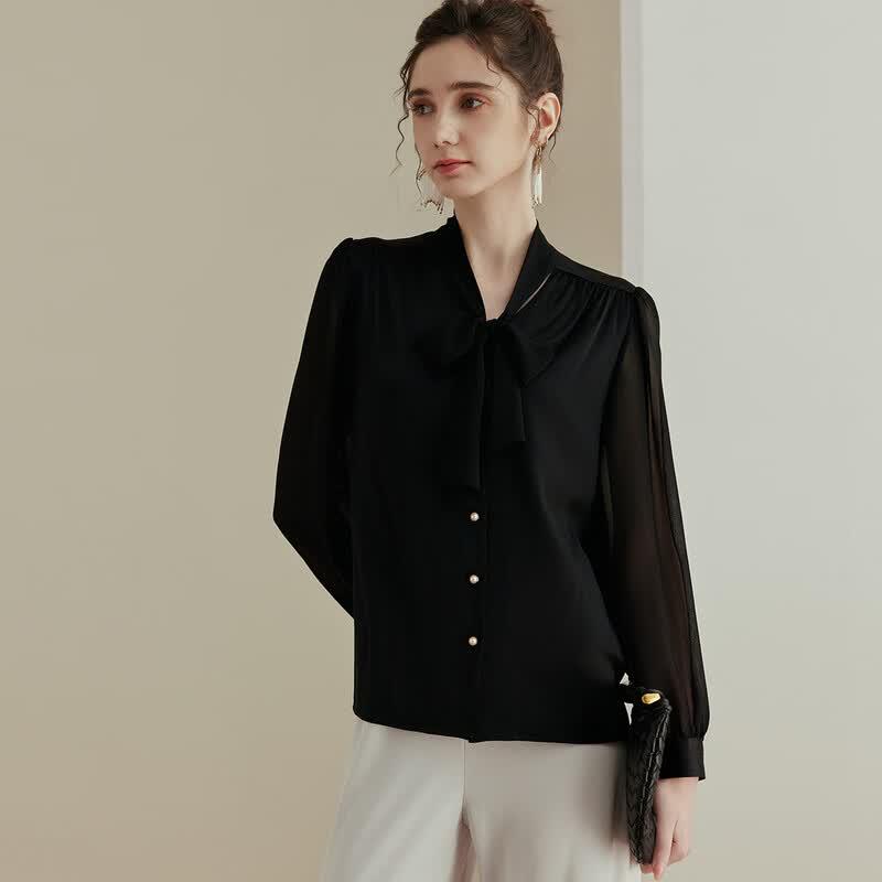 Women s Elegant Flowing Collar Silk Blend Blouse L