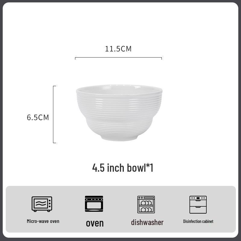 Žebrovaná bílá keramická sada nádobí pod glazurou: Zahrnuje talíře, hůlky, polévkové, nudlové a rýžové misky