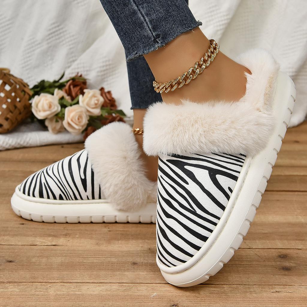 Fashion Women Platform Cotton Slippers 2025 New Winter Plush Boots Women Zebra Printed Snow Boots Short Plush Slides Warm Slippers Women