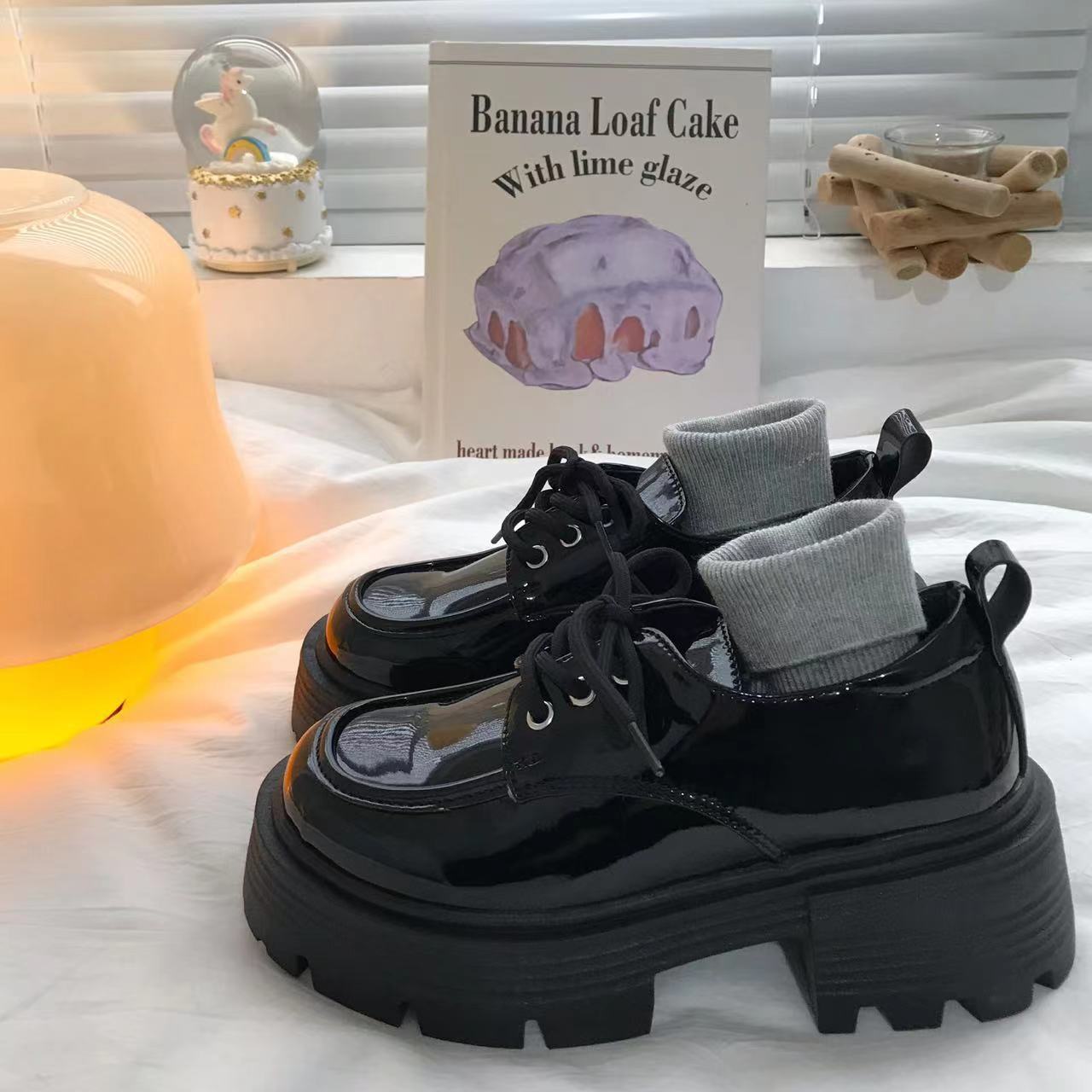 Black platform lace-up small leather shoes spring and autumn new retro British style Japanese jk single shoes 35
