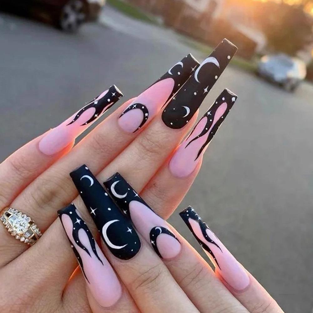 24-Piece Extra Long Ballet Pink Flame & Brown Star Press-On Nails