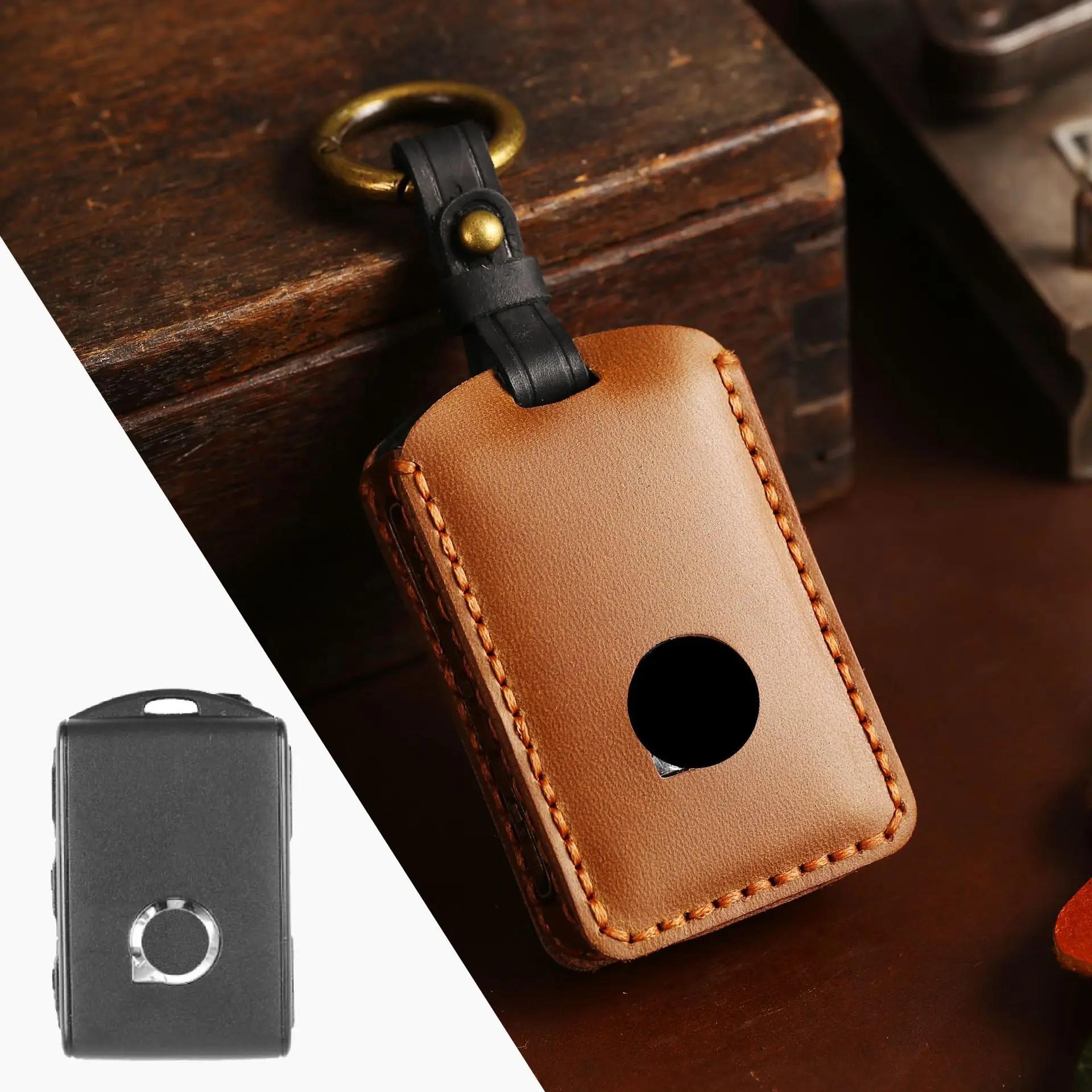 

Genuine Leather Key Cover Case for Volvo XC40 XC60 XC90 S60 S90, Full Grain Key Fob Holder with Leather Lanyard, Brown/Black/Red коричневий
